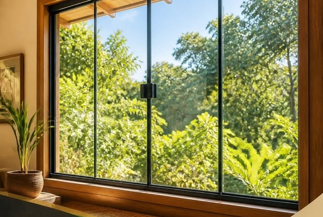 Janela de vidro com vista para área verde, foto real de obra da Vidraçaria Itália Box